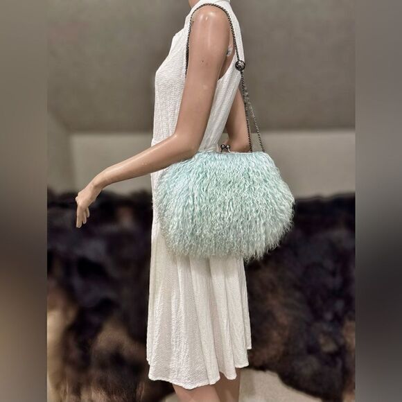 Aqua Handmade Real Mongolian Lamb Fur Kisslock Wristlet/Shoulder Bag, Crossbody - Picture 1 of 16